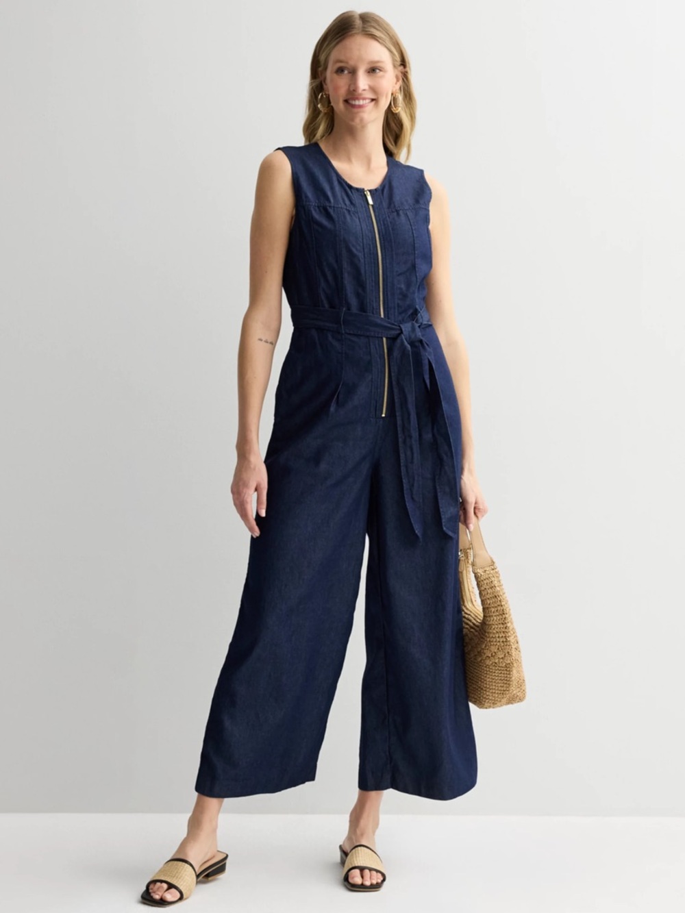 New Nine West Sleeveless Navy Denim Front Zip Up Jumpsuit w/ Tie Waist Sz XL